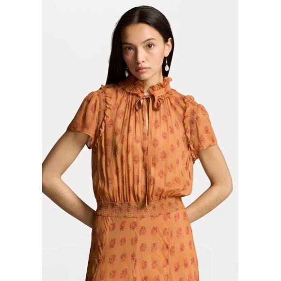 Polo Ralph Lauren Block Print Georgette Tie Neck Dress in Medallion Woodblock - Picture 8 of 14